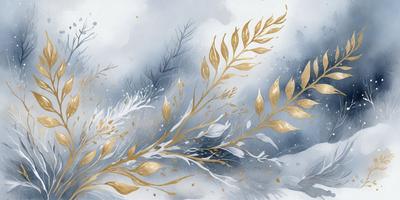 The primary subject of the image is a painting of a leafy plant with gold accents. The setting is a cloudy sky, and the visual style is a watercolor painting. The colors and mood of the painting are predominantly blue and gold, creating a serene and calming atmosphere.